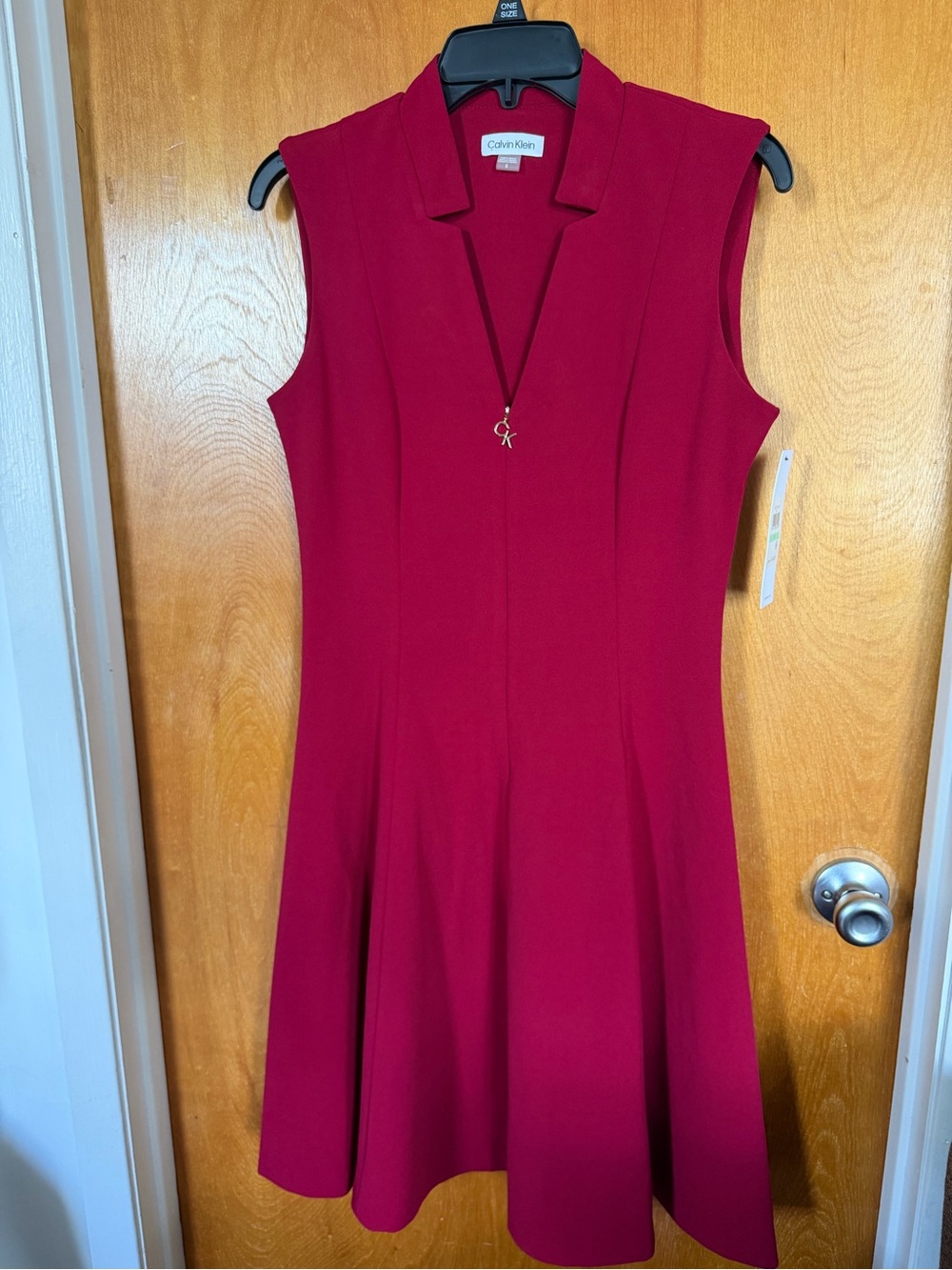 Calvin Klein Sleeveless Fit-and-Flare Dress in Berry Red - Picture 2 of 8